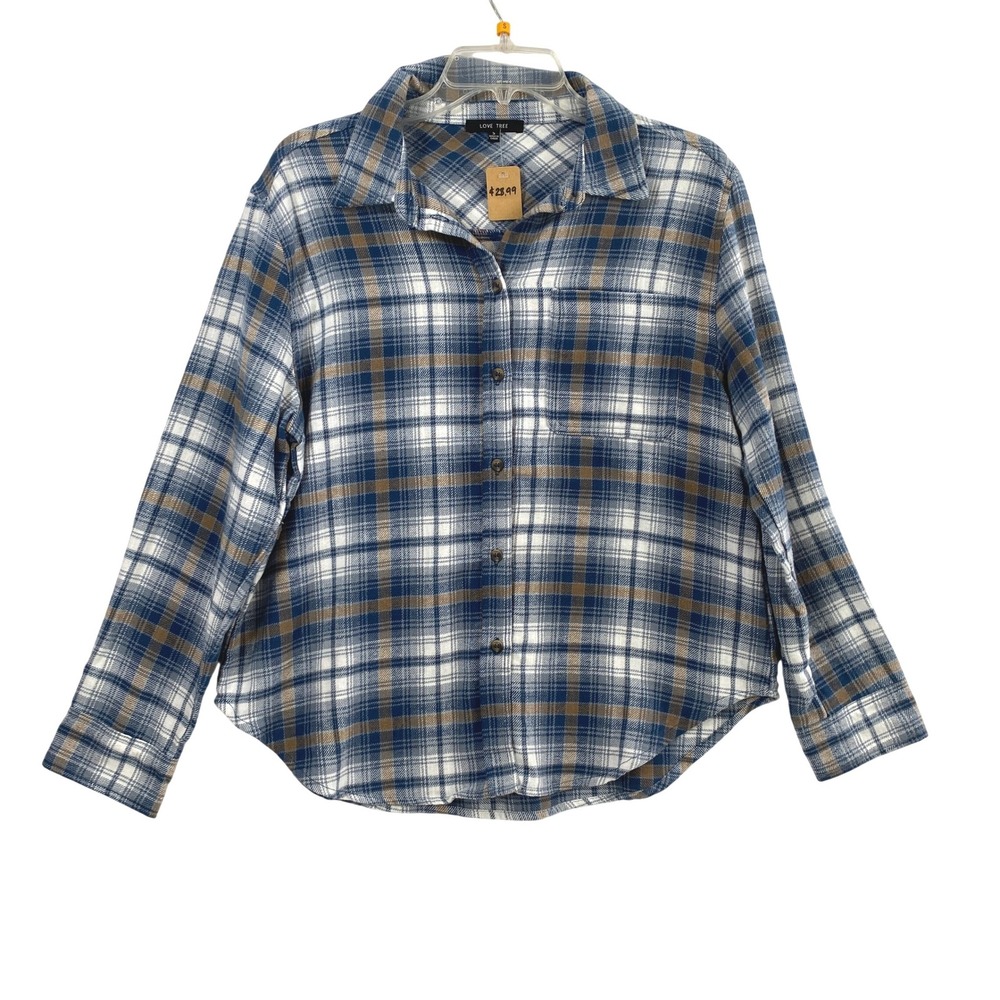 Love Tree Flannel Shirt Womens Small Blue Tan Plaid Long Sleeve Button Up Top